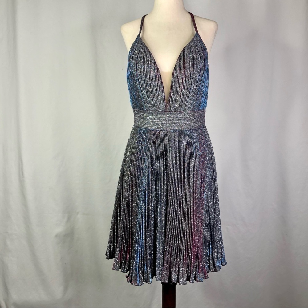 Jovani Minidress Halter Neck Micro Pleats V Neck Silver Glitter Red Blue 4